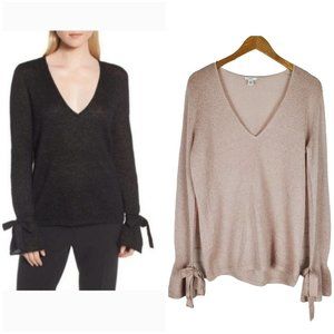 NEW Lewit Metallic Mohair Blend Sweater Size M V Neck Long Tie Sleeve Pullover